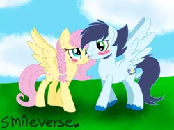 Size: 2400x1800 | Tagged: safe, artist:smileverse, derpibooru import, fluttershy, soarin', pegasus, pony, blushing, braid, eye contact, female, garden, looking at each other, male, shipping, soarinshy, spread wings, straight, wings