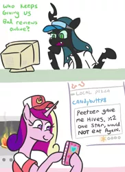 Size: 589x808 | Tagged: safe, artist:jargon scott, derpibooru import, princess cadance, queen chrysalis, alicorn, changeling, pony, cadance's pizza delivery, fire, food, irony, oven, peetzer, pizza, review, trolling