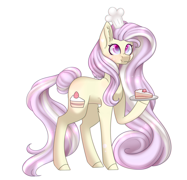 Size: 1762x1693 | Tagged: safe, artist:ohhoneybee, derpibooru import, oc, oc:strawberry cake, unofficial characters only, earth pony, pony, cake, chef's hat, colored pupils, dish, ear fluff, female, food, hat, hoof hold, mare, multicolored iris, simple background, solo, transparent background