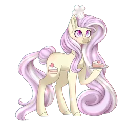 Size: 1762x1693 | Tagged: safe, artist:ohhoneybee, derpibooru import, oc, oc:strawberry cake, unofficial characters only, earth pony, pony, cake, chef's hat, colored pupils, dish, ear fluff, female, food, hat, hoof hold, mare, multicolored iris, simple background, solo, transparent background