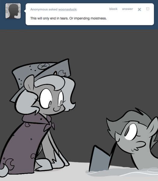 Size: 666x762 | Tagged: artist:egophiliac, cartographer's cap, derpibooru import, female, filly, grayscale, hat, marauder's mantle, monochrome, moonstuck, mouth hold, oc, oc:danger mcsteele, princess luna, safe, sand, sea pony, tumblr, tumblr comic, woona, younger