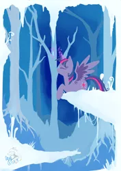 Size: 1240x1748 | Tagged: safe, artist:ogre, derpibooru import, twilight sparkle, twilight sparkle (alicorn), alicorn, pony, eyes closed, forest, magic, pixiv, prone, snow, solo, winter