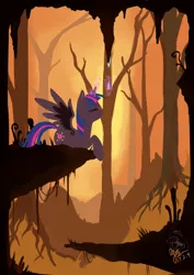 Size: 1240x1748 | Tagged: safe, artist:ogre, derpibooru import, twilight sparkle, twilight sparkle (alicorn), alicorn, pony, autumn, eyes closed, forest, minimalist, modern art, pixiv, prone, solo