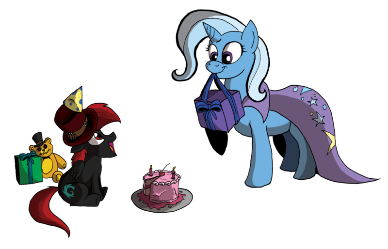 Size: 1279x822 | Tagged: safe, artist:godforoth, derpibooru import, trixie, oc, pony, unicorn, birthday, birthday cake, cake, candle, cape, clothes, crossover, duo, female, five nights at freddy's, food, freddy fazbear, hat, mare, mouth hold, party hat, plate, present, raised hoof, simple background, sitting, smiling, teddy bear, transparent background, trixie's cape