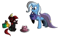 Size: 1279x822 | Tagged: safe, artist:godforoth, derpibooru import, trixie, oc, pony, unicorn, birthday, birthday cake, cake, candle, cape, clothes, crossover, duo, female, five nights at freddy's, food, freddy fazbear, hat, mare, mouth hold, party hat, plate, present, raised hoof, simple background, sitting, smiling, teddy bear, transparent background, trixie's cape