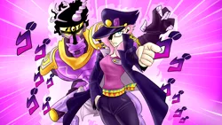 Size: 2560x1440 | Tagged: artist:imskull, badass, clothes, crossover, derpibooru import, discord, flutterbadass, fluttershy, human, humanized, japanese, jojo's bizarre adventure, jotaro kujo, safe, star platinum