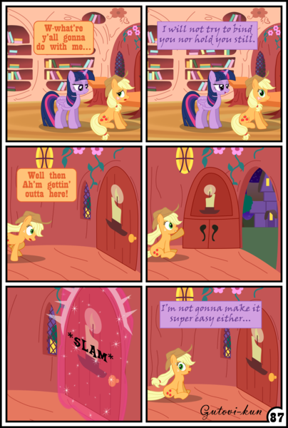 Size: 3254x4837 | Tagged: safe, artist:gutovi, derpibooru import, applejack, twilight sparkle, twilight sparkle (alicorn), alicorn, pony, comic:why me!?, absurd resolution, comic, freckles, golden oaks library, i am an adult, i need an adult, implied lesbian, implied shipping, implied twijack