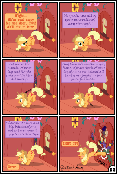 Size: 3254x4837 | Tagged: safe, artist:gutovi, derpibooru import, applejack, twilight sparkle, twilight sparkle (alicorn), alicorn, pony, comic:why me!?, absurd resolution, comic, dirty talk, freckles, golden oaks library, i am an adult, i need an adult, implied lesbian, implied shipping, implied twijack, the ass was fat