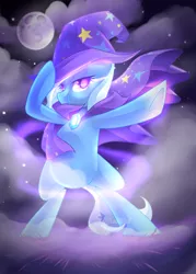 Size: 1024x1434 | Tagged: safe, artist:drawntildawn, derpibooru import, trixie, pony, bipedal, cape, clothes, full moon, hat, looking at you, mist, moon, smiling, solo, trixie's cape, trixie's hat, watermark