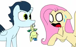 Size: 1024x640 | Tagged: safe, artist:doodletheexpoodle, derpibooru import, fluttershy, soarin', oc, oc:whistle tune, bat pony, pegasus, pony, female, male, mouth hold, next generation, offspring, parent:fluttershy, parent:soarin', parents:soarinshy, shipping, simple background, soarinshy, straight, sweat, upside down, white background