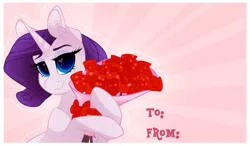 Size: 1280x749 | Tagged: artist:lolepopenon, derpibooru import, flower, heart eyes, holiday, looking at you, rarity, rose, safe, smiling, solo, valentine's day, valentine's day card, wingding eyes