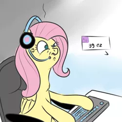 Size: 1000x1000 | Tagged: safe, artist:yakoshi, derpibooru import, fluttershy, pegasus, pony, ^:), chest fluff, gamershy, gg, ggez, headset, keyboard, peeved, solo