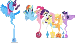 Size: 10815x6229 | Tagged: safe, artist:illumnious, derpibooru import, applejack, fluttershy, pinkie pie, rainbow dash, rarity, twilight sparkle, twilight sparkle (alicorn), oc, oc:parcly taxel, alicorn, genie, pony, ain't never had friends like us, albumin flask, absurd resolution, alicorn oc, baton, bottle, bracelet, conducting, conductor's baton, gem, headband, headphones, horn, horn ring, jewelry, levitation, magic, mane six, ring, simple background, singing, telekinesis, transparent background, vector, wings