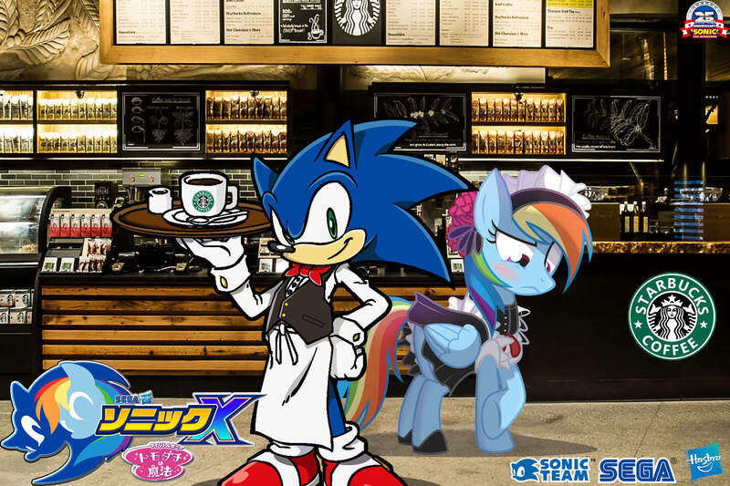 Size: 1800x1200 | Tagged: artist:trungtranhaitrung, coffee, crossover, derpibooru import, hasbro, logo, rainbow dash, safe, sega, sonic team, sonic the hedgehog, sonic the hedgehog (series), starbucks