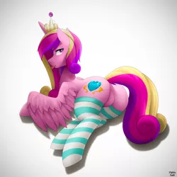 Size: 3000x3000 | Tagged: suggestive, artist:marble-soda, derpibooru import, princess cadance, ;p, butt, clothes, featureless crotch, female, lovebutt, one eye closed, plot, prone, socks, solo, solo female, spread wings, striped socks, tongue out, wings