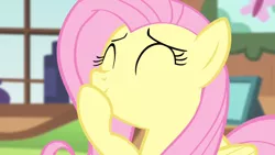 Size: 1366x768 | Tagged: safe, derpibooru import, screencap, fluttershy, pegasus, pony, bats!, close-up, cute, eyes closed, folded wings, giggling, hoof over mouth, picture frame, shyabetes, smiling, solo, stifling laughter, window, wings