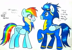 Size: 960x676 | Tagged: safe, artist:darindashiedo, derpibooru import, rainbow dash, soarin', pegasus, pony, blushing, clothes, dialogue, female, male, shipping, soarindash, straight, uniform, wonderbolt trainee uniform, wonderbolts uniform