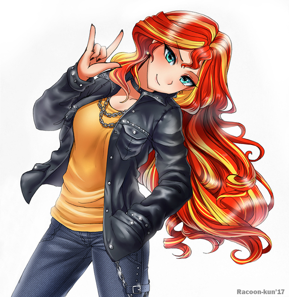 Size: 800x823 | Tagged: artist:racoonsan, choker, clothes, derpibooru import, devil horn (gesture), female, human, humanized, jacket, leather jacket, looking at you, nail polish, safe, simple background, smiling, solo, sunset shimmer, white background