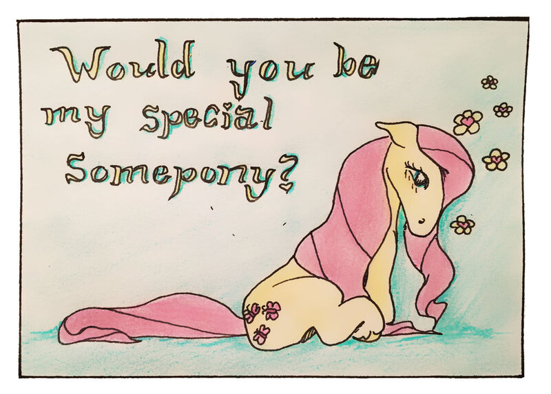 Size: 1024x734 | Tagged: artist:carnivoroushorse, derpibooru import, floppy ears, flower, fluttershy, grammar error, holiday, looking down, profile, safe, sitting, solo, traditional art, valentine's day