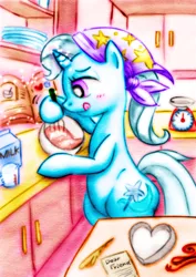 Size: 904x1280 | Tagged: safe, artist:remyroez, derpibooru import, trixie, pony, baking, bipedal, blushing, cooking, holiday, hoof hold, solo, traditional art, valentine's day