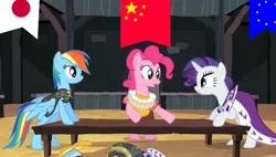 Size: 848x480 | Tagged: safe, derpibooru import, edit, edited screencap, screencap, chancellor puddinghead, commander hurricane, pinkie pie, princess platinum, rainbow dash, rarity, earth pony, pegasus, pony, unicorn, hearth's warming eve (episode), china, eqg flag-tag meme, european union, flag, japan, politics