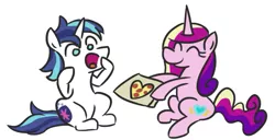 Size: 613x314 | Tagged: safe, artist:jargon scott, derpibooru import, princess cadance, shining armor, alicorn, pony, unicorn, cadance's pizza delivery, cute, cutedance, eyes closed, female, food, hearts and hooves day, holiday, male, open mouth, peetzer, pizza, shining adorable, shiningcadance, shipping, simple background, sitting, straight, true love, valentine's day, white background