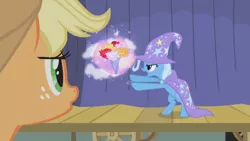 Size: 1280x720 | Tagged: safe, derpibooru import, screencap, applejack, trixie, pony, boast busters, bipedal, bouquet, cape, clothes, flower, hat, magic, trixie's cape, trixie's hat