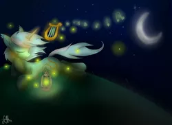 Size: 1600x1167 | Tagged: safe, artist:lycania29, derpibooru import, lyra heartstrings, firefly (insect), insect, pony, unicorn, crescent moon, eyes closed, firefly lamp, lantern, lyre, magic, moon, music, music notes, musical instrument, night, playing, prone, solo, telekinesis, windswept mane