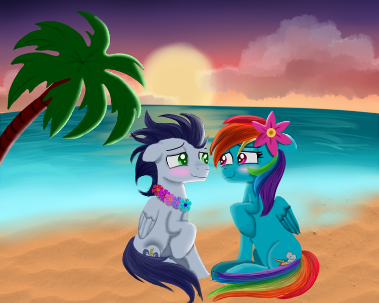 Size: 1000x800 | Tagged: safe, artist:linormusicbeatpone, derpibooru import, rainbow dash, soarin', pony, beach, blushing, female, flower, flower in hair, flower necklace, lei, male, palm tree, romantic, shipping, soarindash, straight, sunset, tree