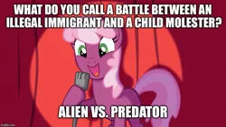 Size: 800x450 | Tagged: alien (franchise), alien vs predator, cheerilee, cheerilee pun, derpibooru import, exploitable meme, illegal immigrants, meme, predator (franchise), pun, solo, suggestive