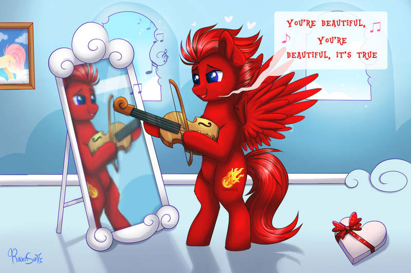 Size: 1500x1000 | Tagged: safe, artist:confetticakez, derpibooru import, oc, unofficial characters only, pegasus, pony, bipedal, bow (instrument), james blunt, male, mirror, musical instrument, reflection, solo, stallion, violin, violin bow