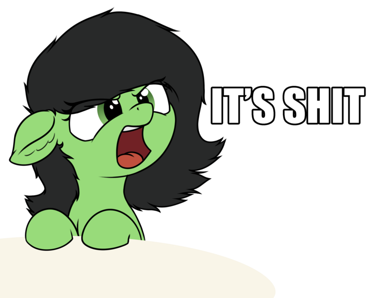 Size: 2927x2341 | Tagged: safe, artist:smoldix, derpibooru import, oc, oc:anonfilly, unofficial characters only, earth pony, pony, female, filly, it's shit, open mouth, reaction image, simple background, solo, transparent background, vulgar