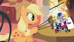 Size: 640x360 | Tagged: 28 pranks later, applejack, applejack's bed partner, applejack's special marshmallows, crossing the memes, derpibooru import, dragon, edit, edited screencap, exploitable meme, fireplace, is this supposed to be humorous, look before you sleep, lord tirek, meme, safe, screencap, spike, template, twilight's kingdom