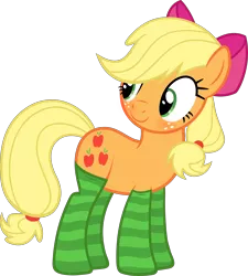 Size: 5410x6000 | Tagged: safe, artist:slb94, derpibooru import, applejack, earth pony, pony, absurd resolution, accessory swap, apple bloom's bow, bow, clothes, cute, hair bow, jackabetes, looking back, simple background, socks, solo, striped socks, transparent background, vector