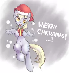 Size: 893x934 | Tagged: safe, artist:mlpanon, derpibooru import, part of a set, derpy hooves, pegasus, pony, belly button, christmas, cute, derpabetes, flying, hat, holiday, i just don't know what went wrong, looking at you, open mouth, present, santa hat, solo, valentine, valentine's day