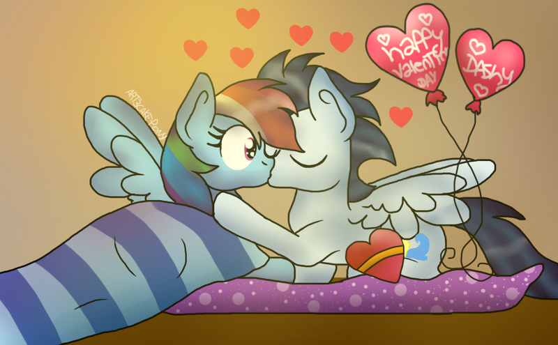 Size: 828x512 | Tagged: safe, artist:art3cakepony, derpibooru import, rainbow dash, soarin', pony, balloon, blanket, female, heart, holiday, kissing, male, shipping, soarindash, spread wings, straight, valentine's day, wingboner, wings