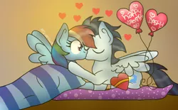 Size: 828x512 | Tagged: safe, artist:art3cakepony, derpibooru import, rainbow dash, soarin', pony, balloon, blanket, female, heart, holiday, kissing, male, shipping, soarindash, spread wings, straight, valentine's day, wingboner, wings