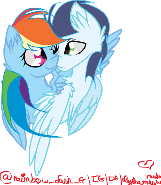 Size: 1024x1175 | Tagged: safe, artist:alyshamougammadou, derpibooru import, rainbow dash, soarin', pony, female, hug, male, shipping, soarindash, straight, winghug