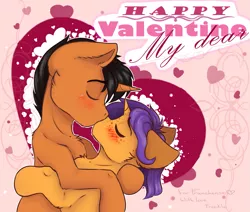 Size: 1023x866 | Tagged: dead source, safe, artist:freckleplant, derpibooru import, oc, unofficial characters only, pony, unicorn, blushing, female, heart, holiday, kissing, male, oc x oc, shipping, straight, valentine's day