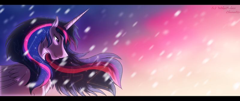 Size: 1986x837 | Tagged: safe, artist:mikaavhesslhunatiix, derpibooru import, twilight sparkle, twilight sparkle (alicorn), alicorn, pony, smiling, snow, snowfall, twilight (astronomy)