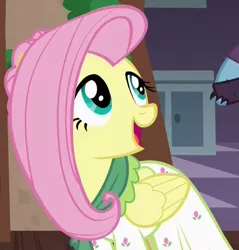 Size: 666x696 | Tagged: safe, derpibooru import, screencap, flutterholly, fluttershy, pegasus, pony, a hearth's warming tail, clothes, cute, dress, female, looking back, mare, open mouth, shyabetes, solo