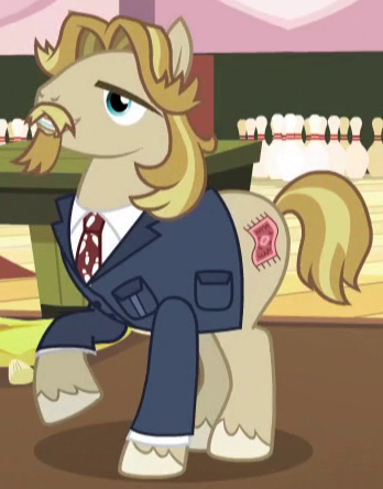 Size: 348x444 | Tagged: safe, derpibooru import, screencap, jeff letrotski, earth pony, pony, slice of life (episode), background pony, bowling pin, clothes, male, necktie, solo, stallion, suit, the dude