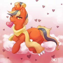 Size: 3000x3000 | Tagged: safe, artist:bean-sprouts, derpibooru import, ponified, combusken, pony, clothes, cloud, crossover, heart, holiday, mouth hold, on a cloud, pokémon, prone, scarf, solo, valentine, valentine's day