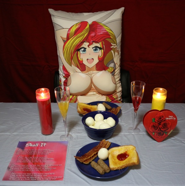 Size: 1816x1824 | Tagged: questionable, artist:thebrokencog, derpibooru import, sunset shimmer, human, equestria girls, bacon, body pillow, breasts, busty sunset shimmer, candle, egg (food), female, food, holiday, humanized, irl, meat, photo, poem, solo, solo female, valentine's day, waifu dinner, you have to eat all the eggs