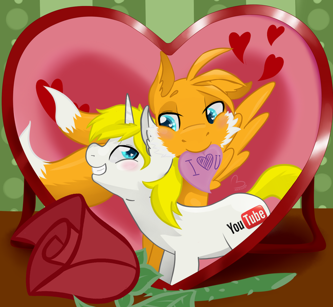 Size: 1596x1470 | Tagged: safe, artist:maranora, derpibooru import, oc, oc:hornycorn, oc:tails, unofficial characters only, blushing, commission, heart eyes, holiday, valentine's day, wingding eyes, ych result, youtube