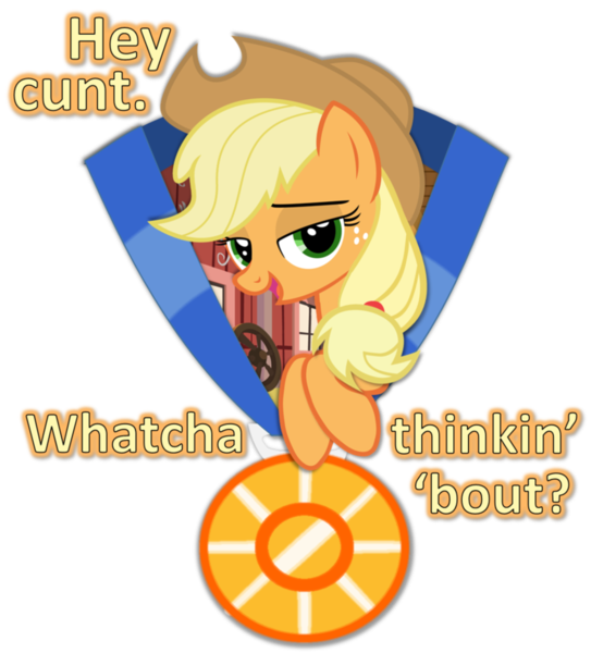 Size: 850x940 | Tagged: applejack, artist:phucknuckl, derpibooru import, hey cunt whatcha thinkin' 'bout?, part of a set, questionable, ribbon, simple background, solo, transparent background, vector, vulgar