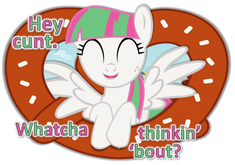 Size: 1024x718 | Tagged: questionable, artist:phucknuckl, derpibooru import, part of a set, blossomforth, pegasus, pony, food, hey cunt whatcha thinkin' 'bout?, pretzel, simple background, solo, transparent background, vector, vulgar