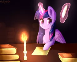 Size: 1500x1200 | Tagged: safe, artist:mitralexa, derpibooru import, twilight sparkle, twilight sparkle (alicorn), alicorn, pony, book, candle, looking at you, magic, quill, smiling, solo, telekinesis