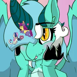 Size: 1500x1500 | Tagged: safe, artist:dragonpone, derpibooru import, bon bon, bon bon (g1), lyra heartstrings, sweetie drops, dragon, monster pony, original species, tatzlpony, timber pony, timber wolf, g1, ahegao, bedroom eyes, blushing, bonlyrabon, chest fluff, dragon lord lyra, dragonified, ear fluff, female, freckles, g1 to g4, generation leap, generational ponidox, gradient background, hair over one eye, heart, horn, jumping, lesbian, long tongue, lyrabon, one eye closed, open mouth, polyamory, shipping, shoulder freckles, smiling, species swap, spread wings, starry eyes, tatzlbon, tentacle tongue, tentacles, tongue out, wingboner, wingding eyes, wings, wink