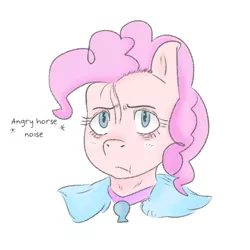 Size: 700x700 | Tagged: artist:jodi sli, bust, clothes, derpibooru import, looking at you, pinkie pie, safe, simple background, solo, text, unamused, when she doesn't smile